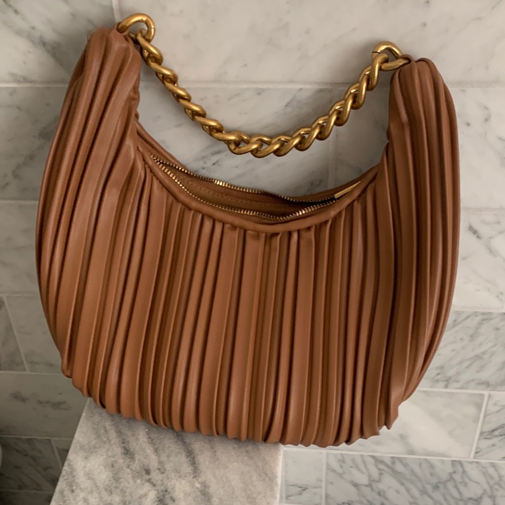 Madison West Tan Pleated Hobo Bag with Gold Chain
